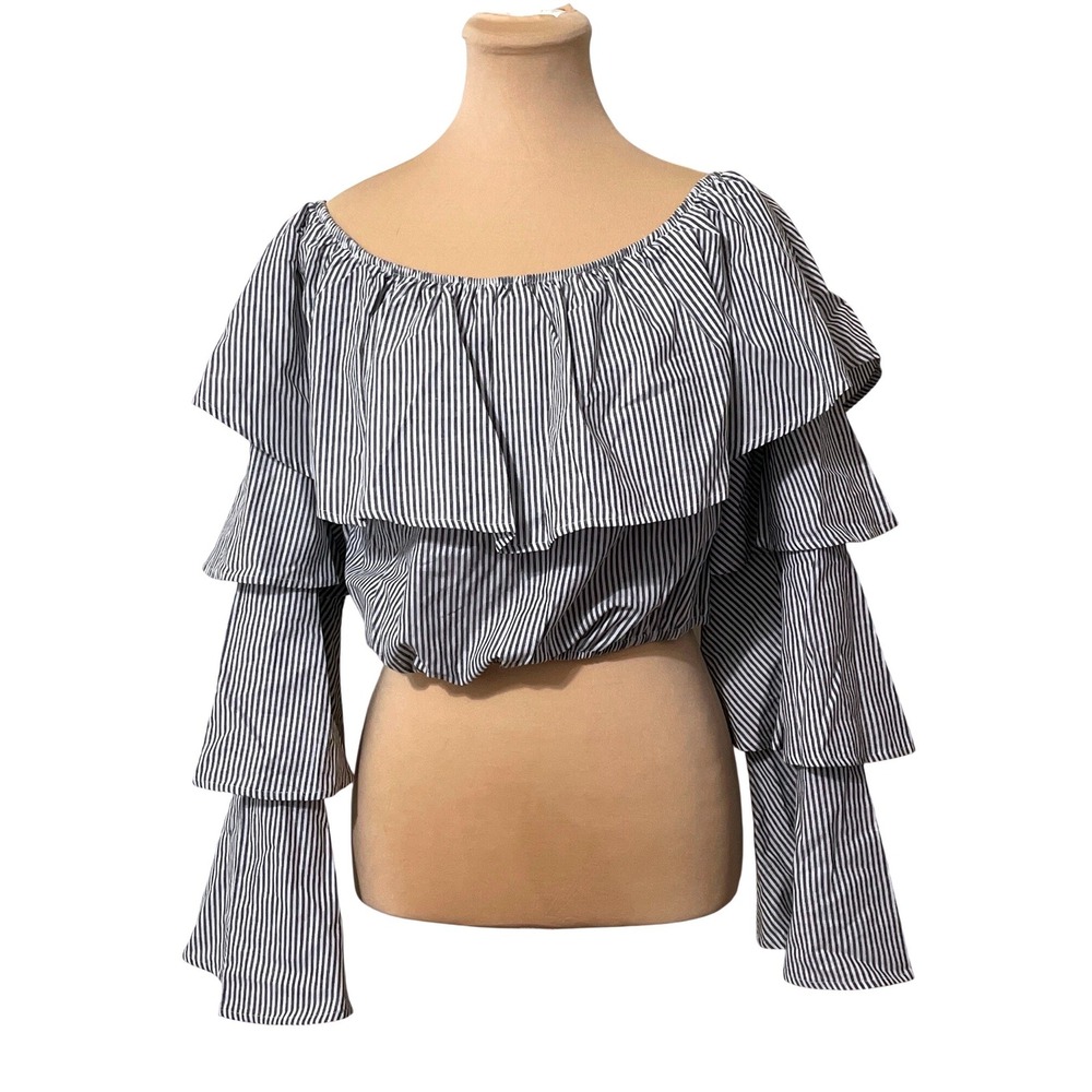 Savanna Jane Striped Off Shoulder Ruffle Tiered Sleeve Crop Top Boho Festival M